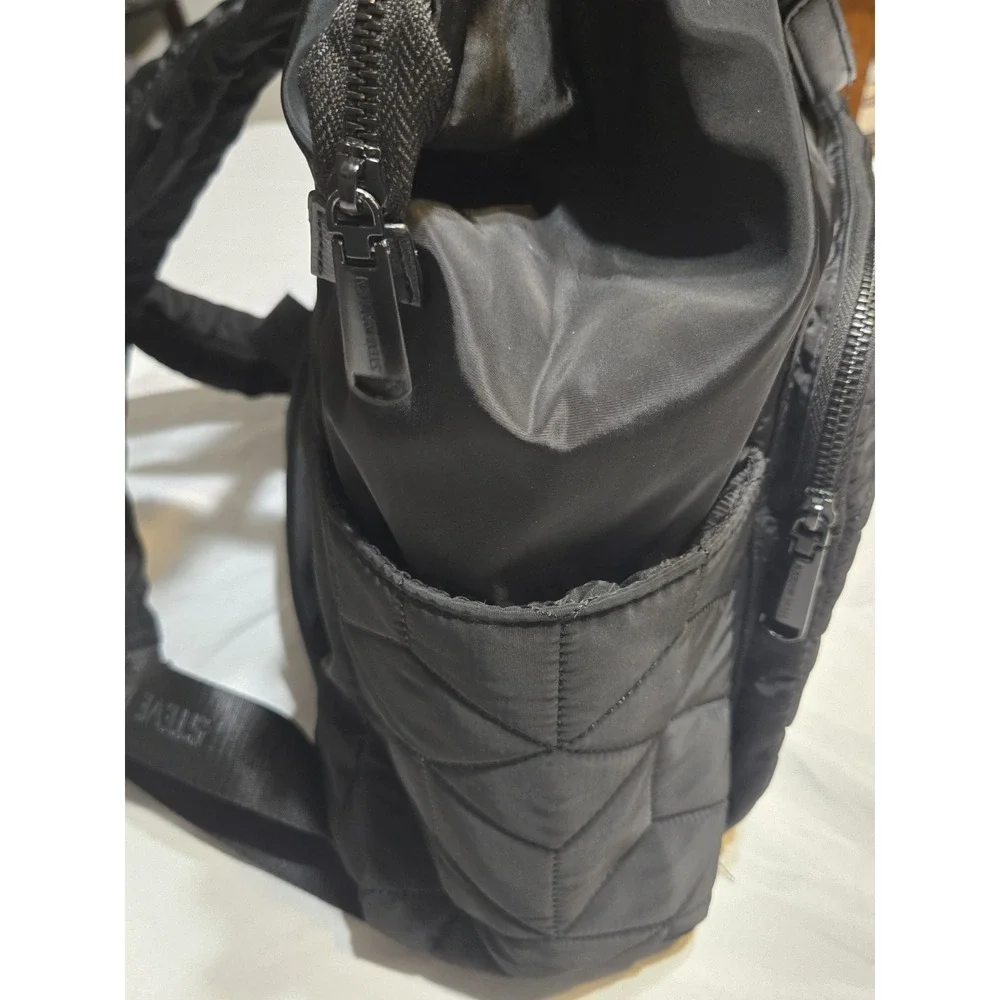 Steve Madden Quilted Backpack Black Square Rucksack Lg Zip Pockets Logo School